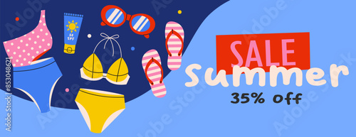 Young woman surfing. Banner template or summer discount promotion. Season sale concept.
