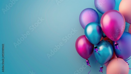  Colorful balloons against a blue background, with space for text on the right. photo