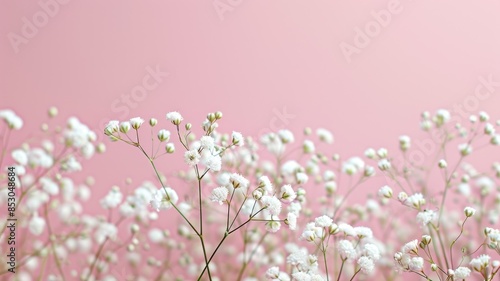 Delicate white gypsophila flowers against a soft pink background. © Katty