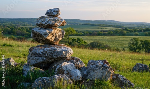 Sculptural stack of limestone boulders in a lush green meadow photo
