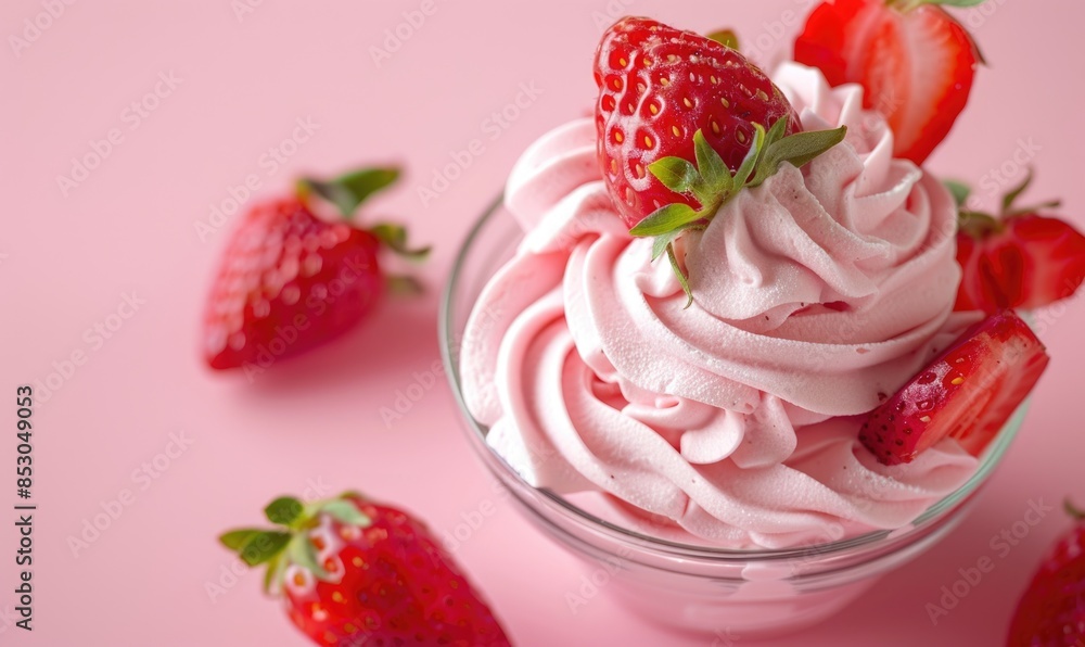Strawberry mousse on a pastel pink background Strawberry mousse on a pastel pink background