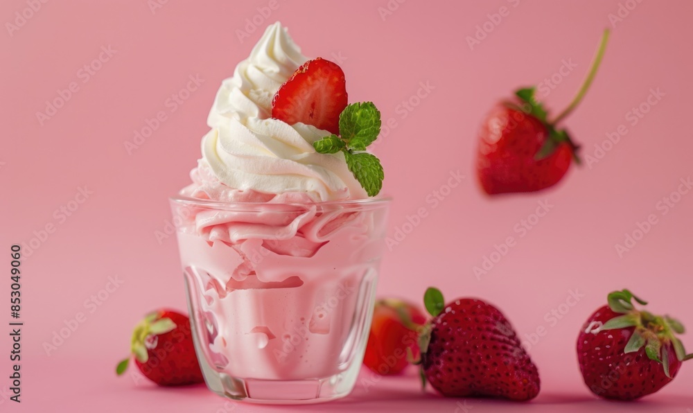 Strawberry mousse on a pastel pink background Strawberry mousse on a pastel pink background