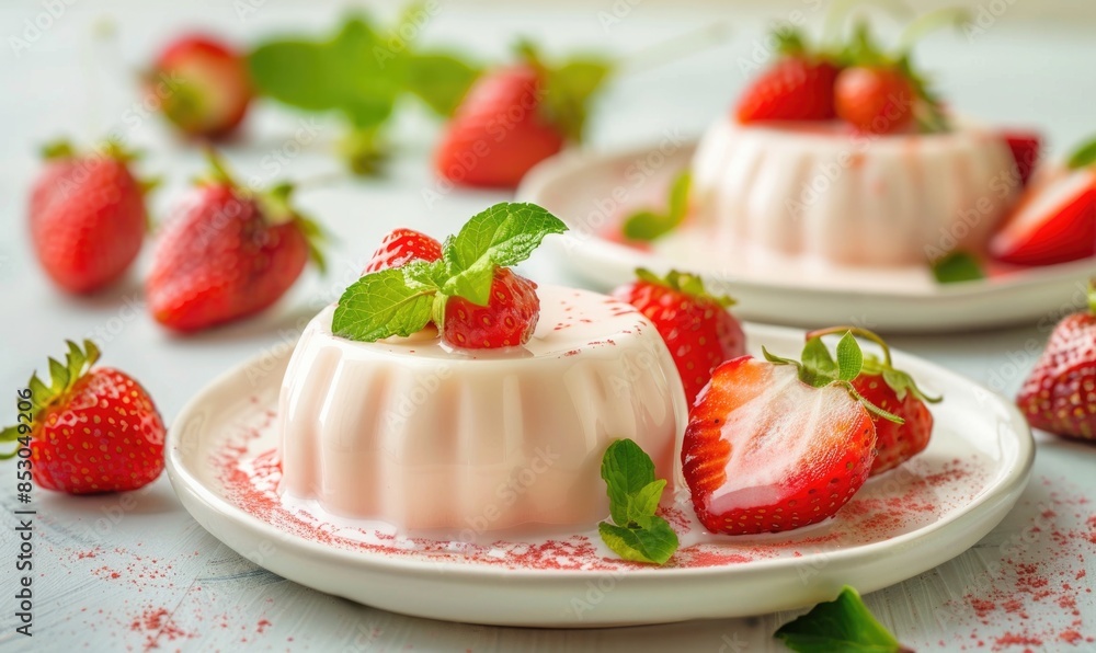 Strawberry panna cotta on a pastel yellow background Strawberry panna cotta on a pastel yellow background