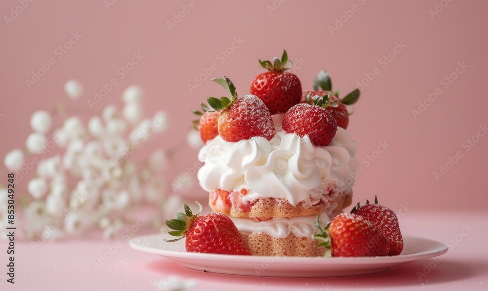 Strawberry shortcake on a pastel pink surface, fresh strawberries Strawberry shortcake on a pastel pink surface, fresh strawberries