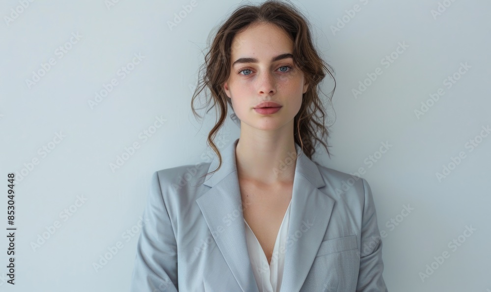 Portrait of a woman in a light gray suit against a muted white background Portrait of a woman in a light gray suit against a muted white background