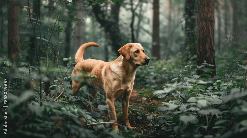 Photograph of a curious Golden Retriever exploring a forest trail, its nose twitching with excitement as it scents new adventures. Photograph of a curious Golden Retriever exploring a forest trail, its nose twitching with excitement as it scents new adventures.