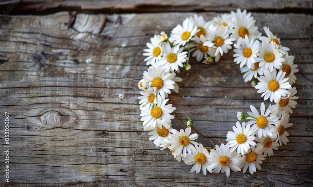 Obraz premium Wooden background, wreath of daisies, space for text