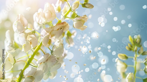 Photograph of a legume plant in full bloom, its delicate flowers unfurling against a transparent background, with a few stray pollen grains floating in the air.