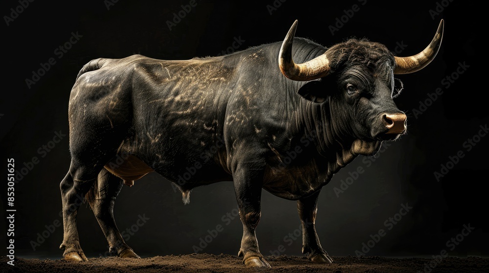 Naklejka premium Photograph of a majestic Push Bull standing proudly on a transparent background, its muscles rippling and horns gleaming