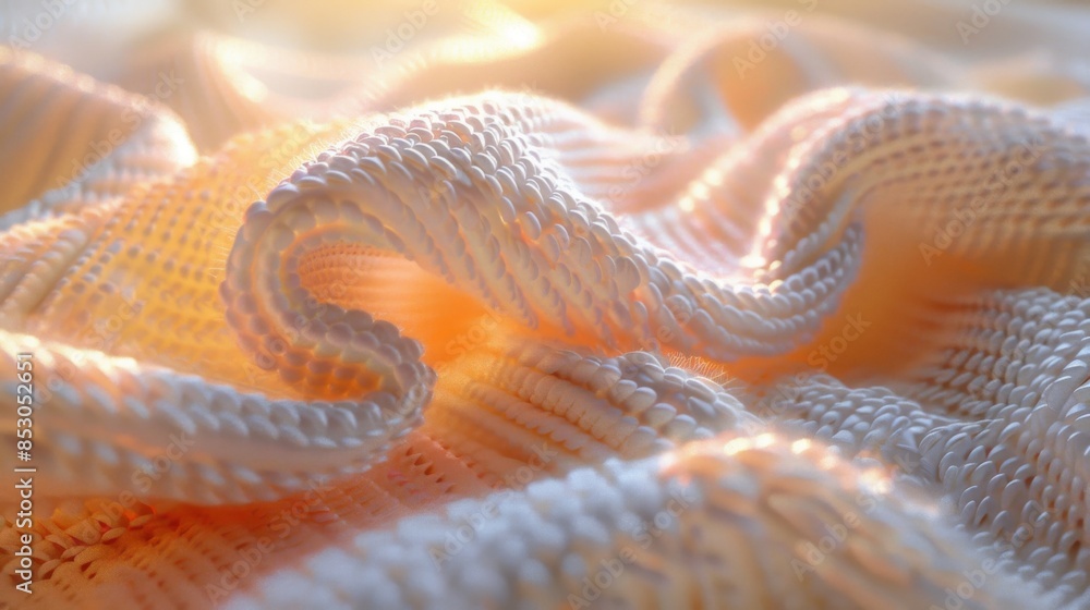 Low-angle view of a stylish, calming blanket, soft pastel hues, intricate woven patterns, photorealistic detail, sunlight softly illuminating the textures, serene and inviting atmosphere. Low-angle view of a stylish, calming blanket, soft pastel hues, intricate woven patterns, photorealistic detail, sunlight softly illuminating the textures, serene and inviting atmosphere.