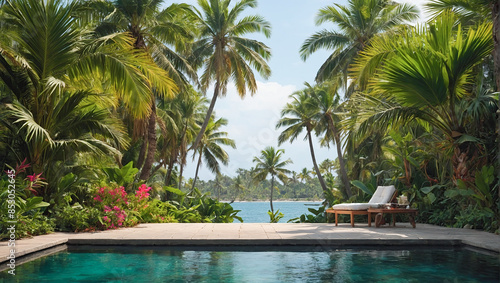 Fototapeta Naklejka Na Ścianę i Meble -  Swimming pool on a tropical beach with palm trees