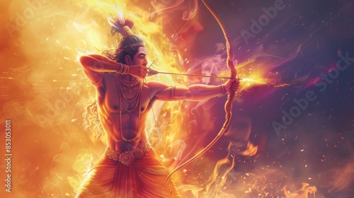 Lord Rama with bow and arrow, Happy Dussehra Festival concept photo