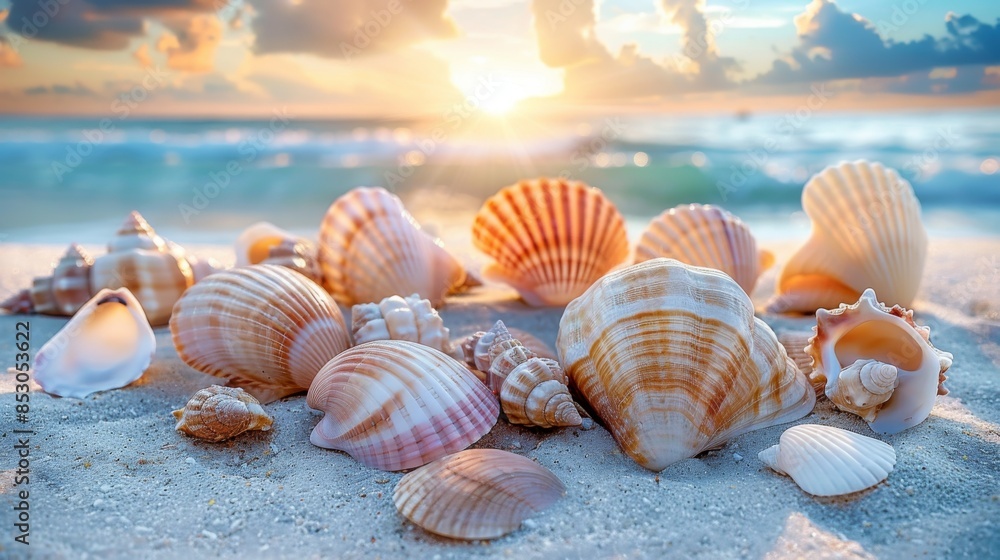 Seashells on the Sand: A close-up of a variety of colorful seashells scattered on the sandy beach, capturing the small details and textures of the shore. Seashells on the Sand: A close-up of a variety of colorful seashells scattered on the sandy beach, capturing the small details and textures of the shore.
