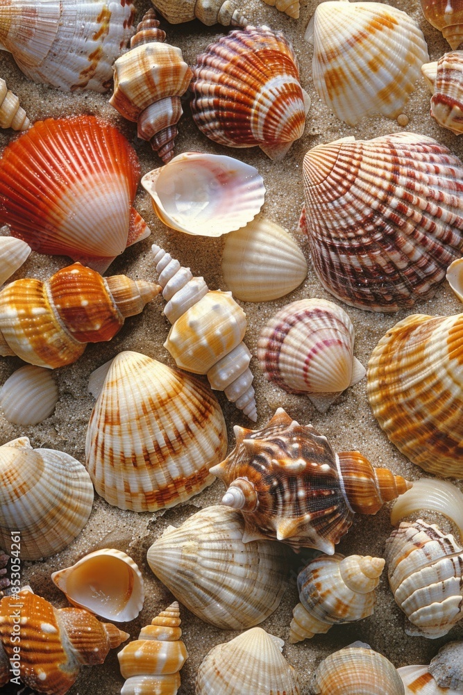 Seashells on the Sand: A close-up of a variety of colorful seashells scattered on the sandy beach, capturing the small details and textures of the shore. Seashells on the Sand: A close-up of a variety of colorful seashells scattered on the sandy beach, capturing the small details and textures of the shore.