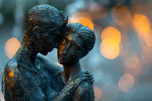 close-up of a bronze statue of two figures embracing, with a bokeh light effect in the background. photo