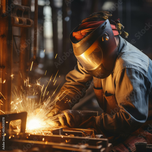 Skilled Worker Performing Metal Welding with Sparks in a Dimly Lit Industrial Workshop