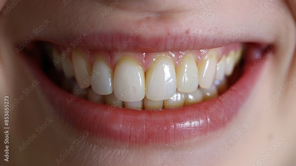 Obraz premium Close-up of a person's smile showing slightly yellow teeth, highlighting the need for dental care and whitening.