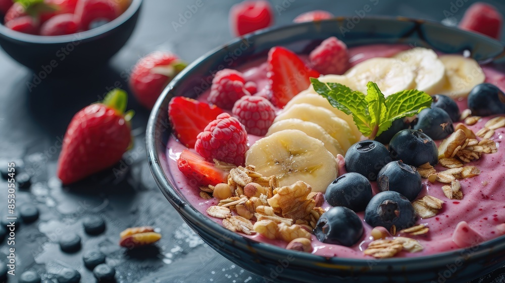 Close-up of a smoothie bowl with fresh fruits and nuts, illustrating healthy eating habits. Close-up of a smoothie bowl with fresh fruits and nuts, illustrating healthy eating habits.