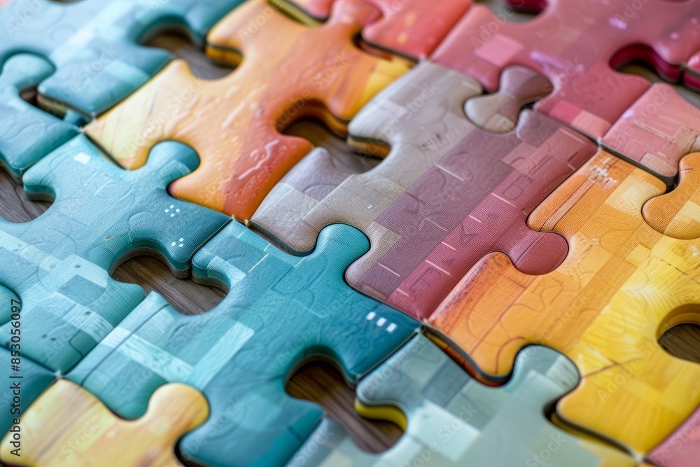 Puzzle pieces fitting together in a colorful display Puzzle pieces fitting together in a colorful display
