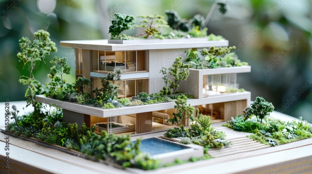 Architectural model of a modern multi-level house surrounded by lush greenery and a pool, emphasizing eco-friendly design and luxury living. Architectural model of a modern multi-level house surrounded by lush greenery and a pool, emphasizing eco-friendly design and luxury living.