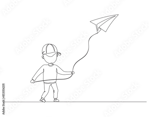 Continuous one line drawing of boy kid playing kite. One line drawing illustration of boy playing kite. Exciting outdoor game concept single line. Editable outline.