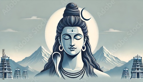 Illustration of a serene shiva portrait against a mountains background. photo