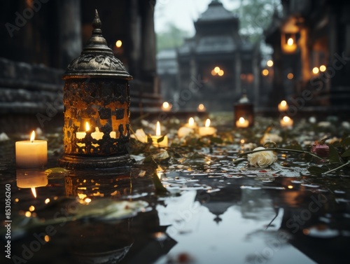 candles and lanterns sit on the ground in front of a temple © AberrantRealities