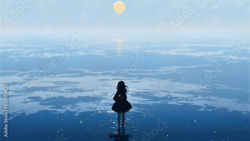 少女と海と青い世界　AI画像　ジェネレーティブAI photo
