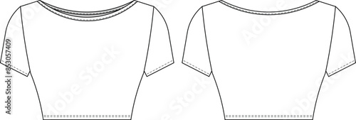 boat neck short sleeve fit cropped crop blouse top t-shirt template technical drawing flat sketch cad mockup fashion woman design style model
