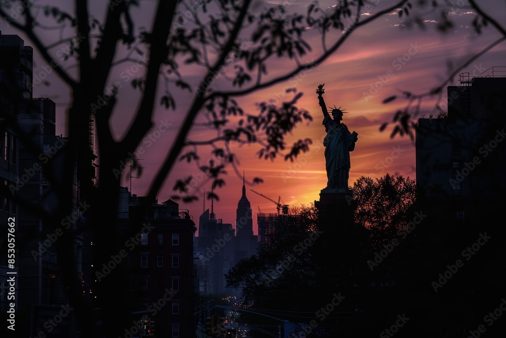 Iconic statue of liberty at sunset with manhattan skyline in high quality image, new york city, usa Iconic statue of liberty at sunset with manhattan skyline in high quality image, new york city, usa