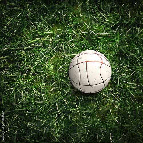 White volleyball on vibrant green grass, contrast of manmade object and nature. photo