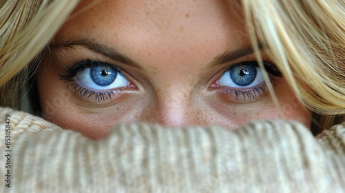 Inspire curiosity and wonder with a captivating photo of a woman gently opening blinds against a pure white background, hinting