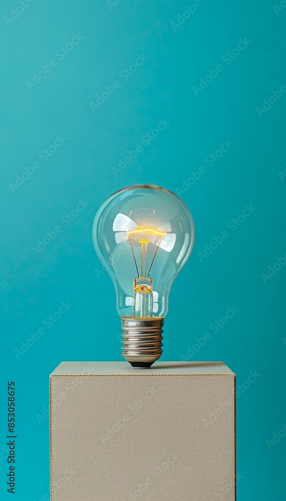 Glowing light bulb positioned on block with ample space for text on plain colored background Glowing light bulb positioned on block with ample space for text on plain colored background