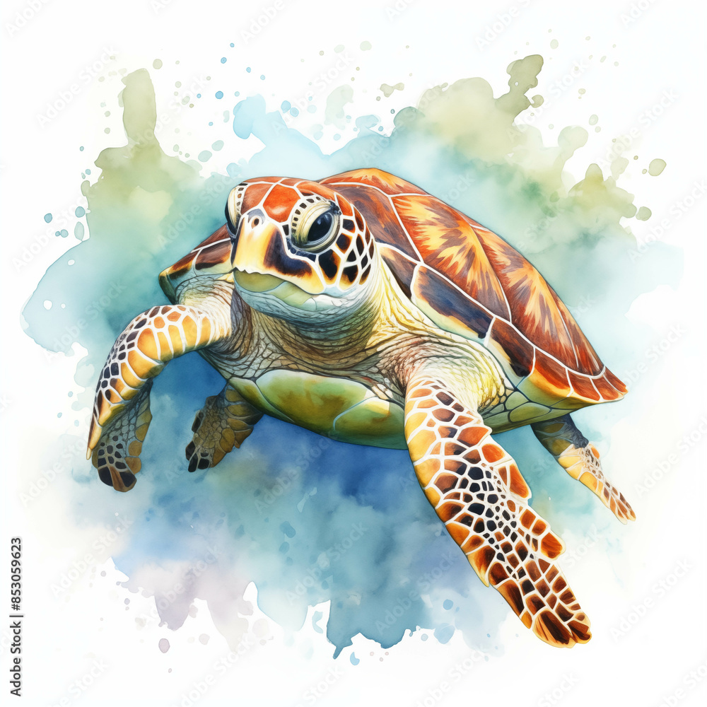 Fototapeta premium Vibrant Sea Turtle Swimming in the Ocean with a Beautiful Splash of Colors in the Background