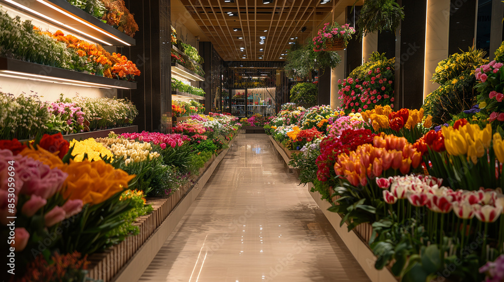 a shop selling various flowers in the mall a shop selling various flowers in the mall