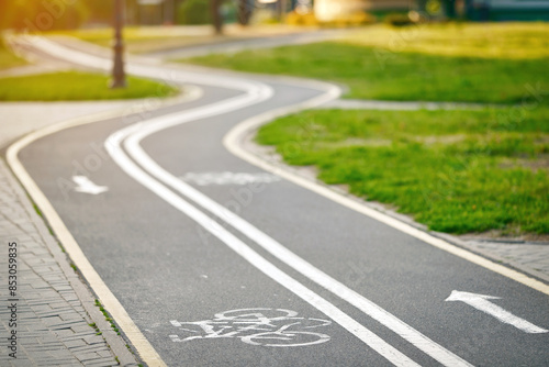 Obraz na płótnie Bicycle lane sign, curvy marked bike lane winding through park. Winding bicycle lane in green park.Bicycle lane in park, safe and enjoyable route for cyclists to ride and explore the outdoors w salonie