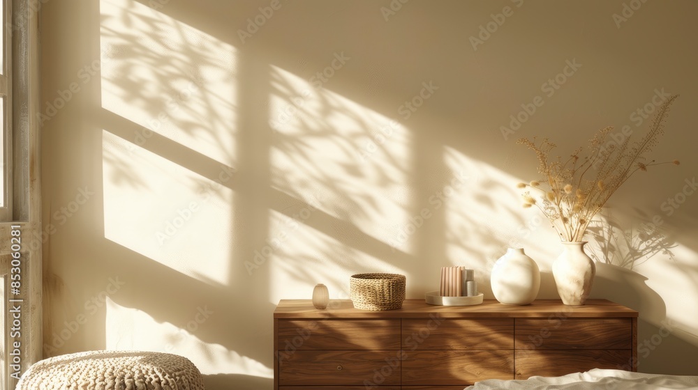 Obraz premium Modern Bedroom With A Dressing Table And Beige Striped Wall, High Quality, HD