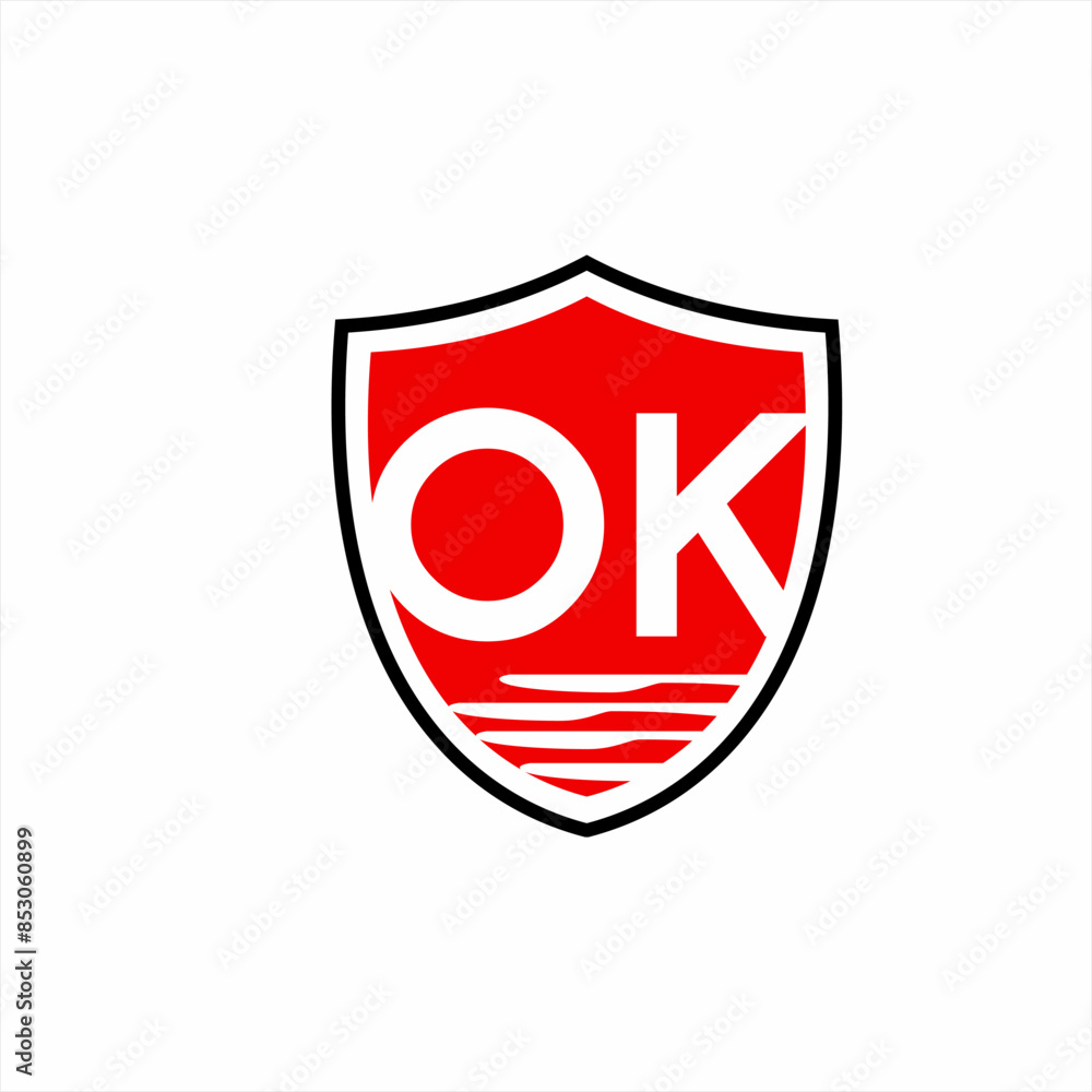 Shield logo design with illustration of the letter OK and waves. Shield logo design with illustration of the letter OK and waves.