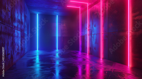 Neon lights in a dark corridor create a futuristic vibe. 