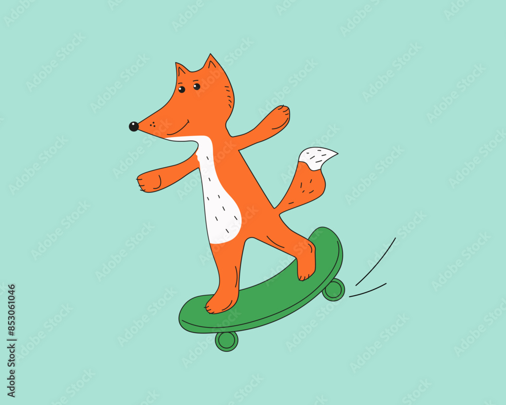 Cute fox rides a skateboard. Sports animal. Active lifestyle. Doodle, drawing. Vector illustration on white isolated background. Cute fox rides a skateboard. Sports animal. Active lifestyle. Doodle, drawing. Vector illustration on white isolated background.