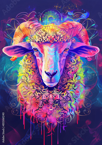 colorful, vibrant artwork of a ram with intricate patterns and neon hues against a dark background. photo