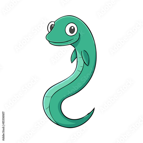cute and friendly cartoon eel with a big smile, ideal for children's books, educational materials