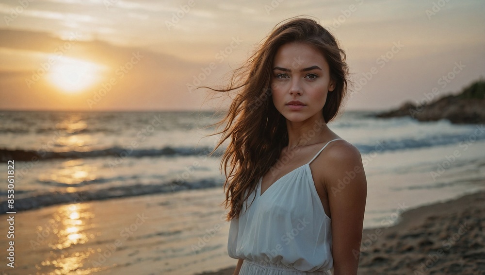 Beautiful young woman with light brown hair in white t-shirt standing near beach during sunset Beautiful young woman with light brown hair in white t-shirt standing near beach during sunset