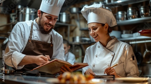Fototapeta Naklejka Na Ścianę i Meble -  Chefs Collaborating in a Busy Kitchen