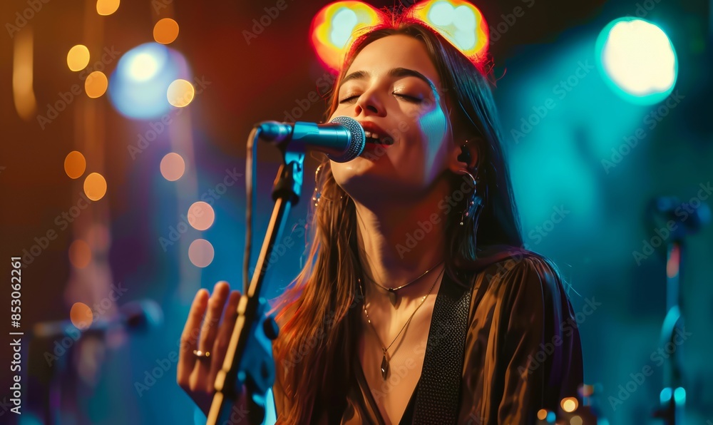 Pretty female singer sings hits songs from her new music album. Celebrity girl with a microphone on a stage. Beautiful voice. Pretty female singer sings hits songs from her new music album. Celebrity girl with a microphone on a stage. Beautiful voice.