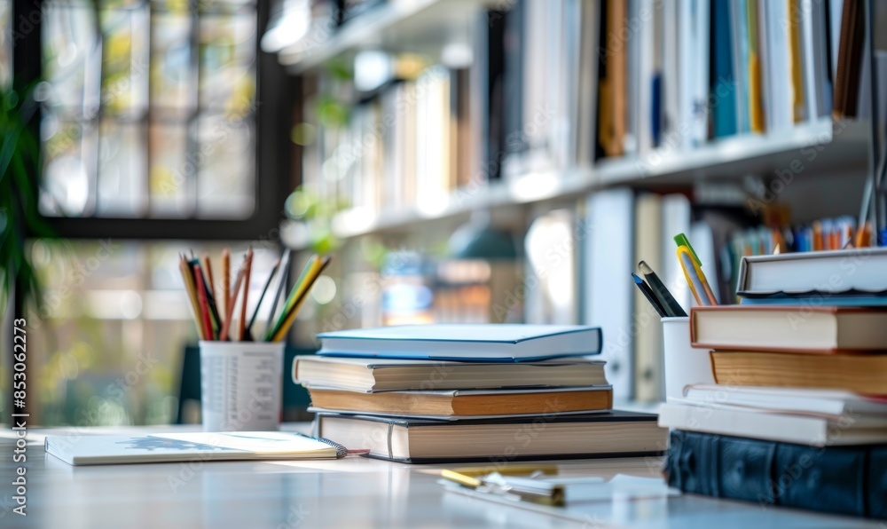 White table with books and stationery in blurred study room White table with books and stationery in blurred study room