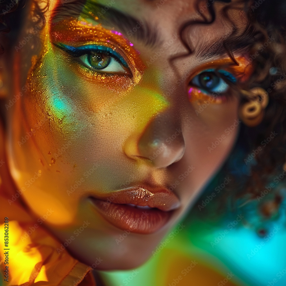 A Close-Up Portrait of a Woman With Colorful Makeup and Shimmering Lights A Close-Up Portrait of a Woman With Colorful Makeup and Shimmering Lights