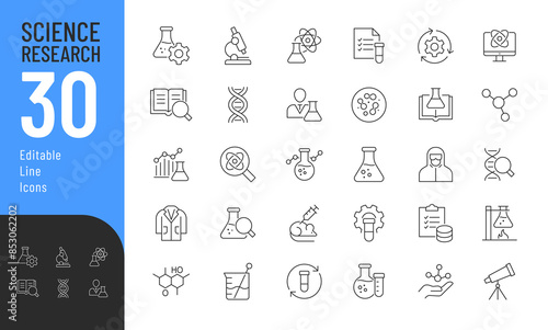 Science Editable Icons set. Vector illustration in modern thin line style of research related icons: laboratory, scientist, equipment, and more. Pictograms and infographics for mobile apps.