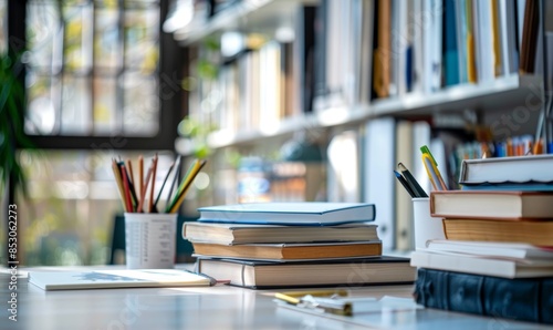 White table with books and stationery in blurred study room 