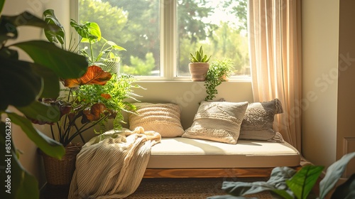 Wallpaper Mural Cozy bedroom with lush green plants, soft sunlight, and comfy pillows creating a tranquil and serene atmosphere. Torontodigital.ca